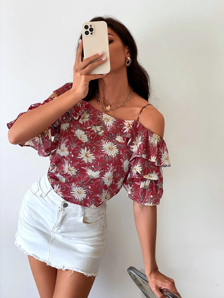 Layered Sleeve Cold Shoulder Floral Blouse - Red - View 1