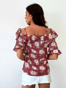 Layered Sleeve Cold Shoulder Floral Blouse - Red - View 2