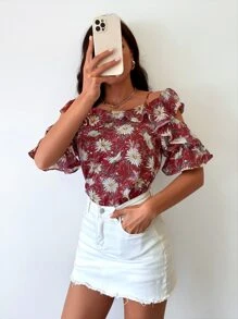 Layered Sleeve Cold Shoulder Floral Blouse - Red - View 3