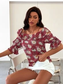 Layered Sleeve Cold Shoulder Floral Blouse - Red - View 4