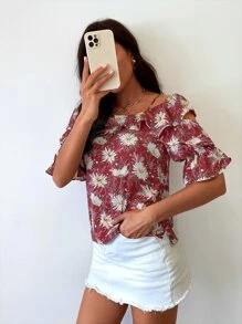 Layered Sleeve Cold Shoulder Floral Blouse - Red - View 5
