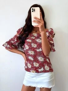 Layered Sleeve Cold Shoulder Floral Blouse - Red - View 6