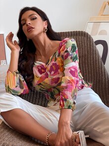 SHEIN Unity Áo sơ mi Viên lá sen Tất cả trên in Boho - Nhiều màu - Xem 6