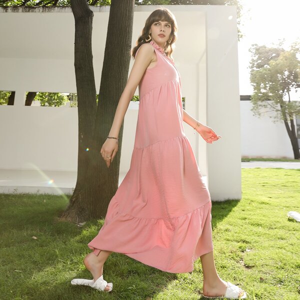 

Solid Tie Neck Smock Dress, Baby pink