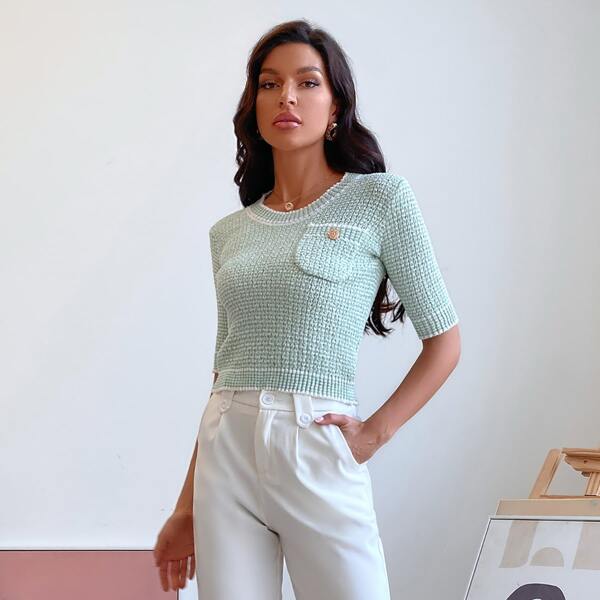 

Button Pocket Front Knit Top, Mint green