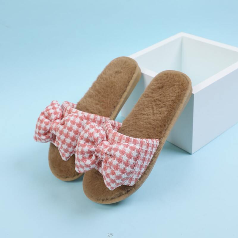 

Houndstooth Bow Decor Slippers, Pink
