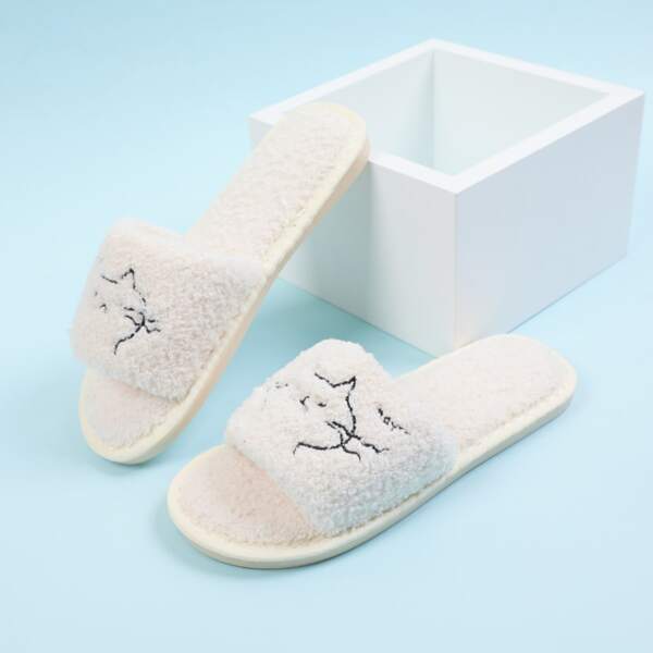 

Cartoon Embroidered Fluffy Slippers, Beige