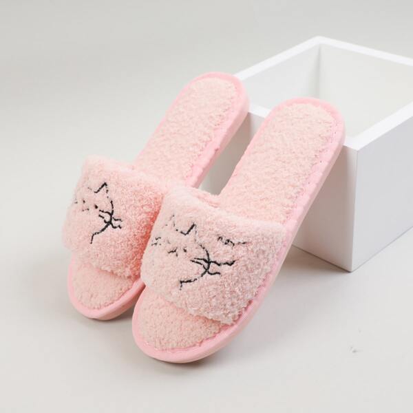 

Cartoon Embroidered Fluffy Slippers, Pink
