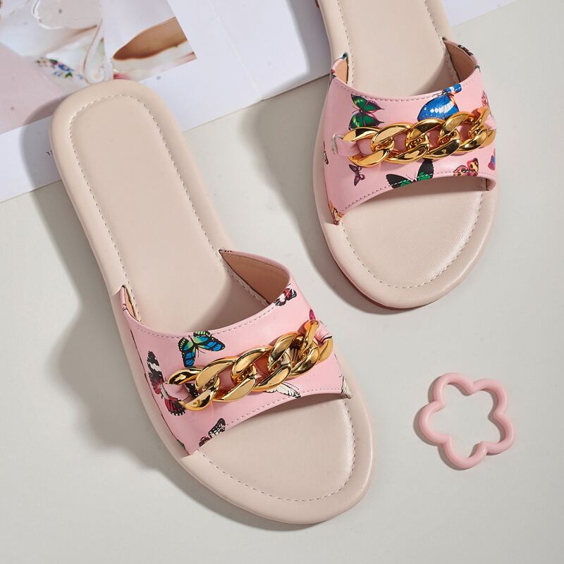 

Butterfly Print Chain Decor Slide Sandals, Pink