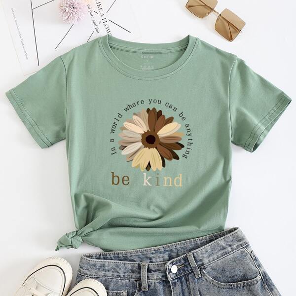 

Flower And Slogan Graphic Tee, Mint green