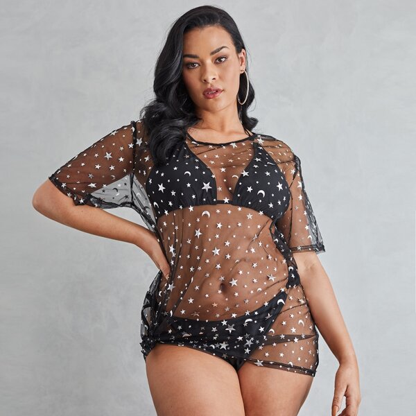

Plus Star Print Mesh Cover Up, Black
