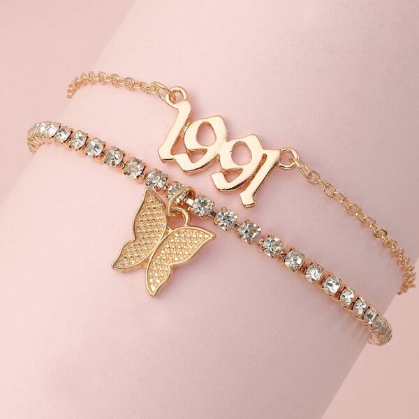 

2pcs Rhinestone Detail Anklet, Gold