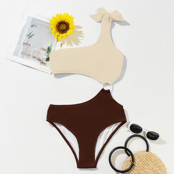 

Two Tone Cut-out Ring Linked One Piece Swimsuit, Multicolor