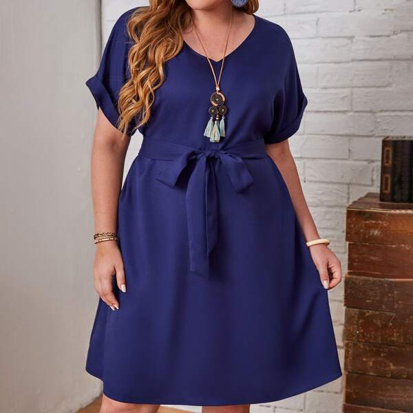 

Plus Cuffed Sleeve Belted Dress, Navy blue