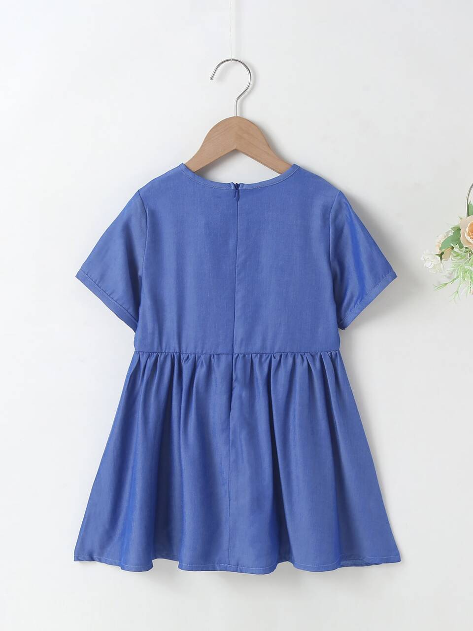 Girls Ruffle Embroidery Bow Front Denim Babydoll Dress