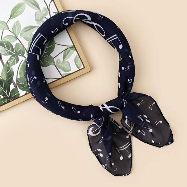 

Music Note Print Scarf, Navy blue