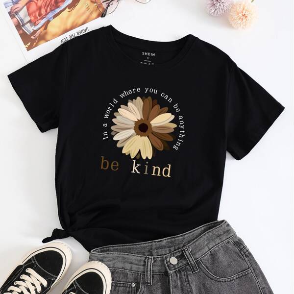 

Flower And Slogan Graphic Tee, Black