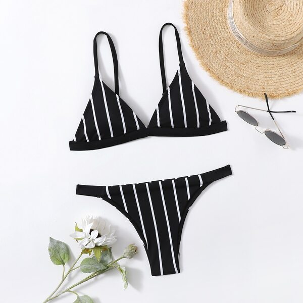 

Striped Triangle Bikini Swimsuit, Black and white