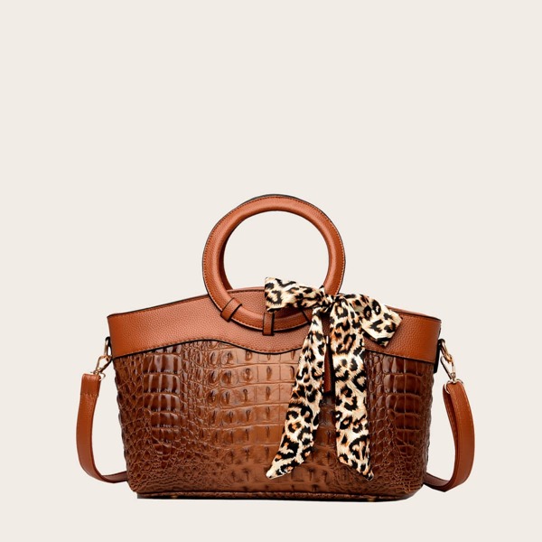 

Croc Embossed Tote Bag, Brown