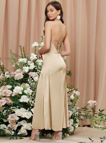 SHEIN Lace Up Backless Ruched Side Split Thigh Satin Bridesmaid Dress - Champagne - View 1
