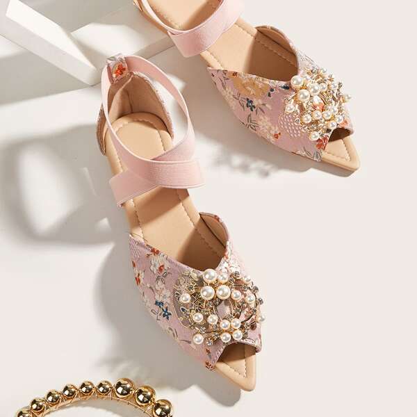 

Peep Toe Faux Pearl & Rhinestone Decor Floral Flats, Pink