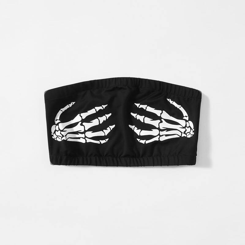 

Skeleton Graphic Crop Tube Top, Black