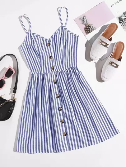 Soleia Two Tone Striped Button Front Slip Dress