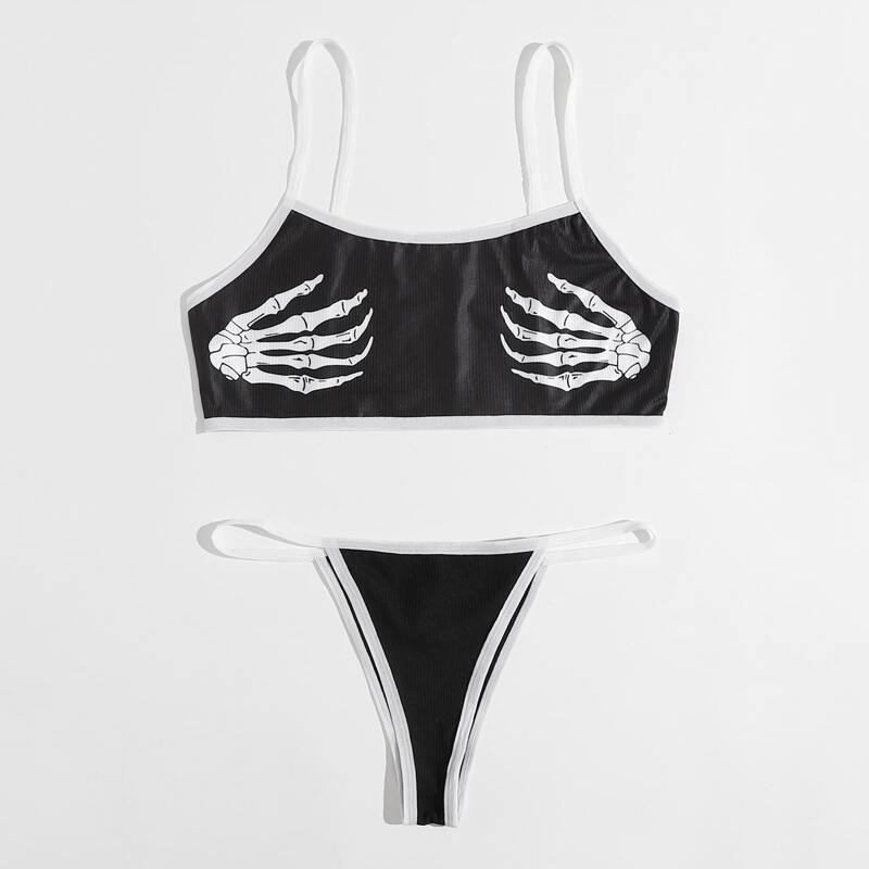 

Skeleton Print Lingerie Set, Black and white