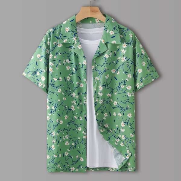 

Men 1pc Floral Print Button Up Shirt, Mint green
