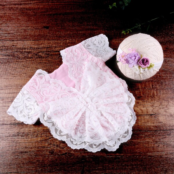 

Newborn Girl Photography Contrast Lace Bodysuit & Appliques Headband, White