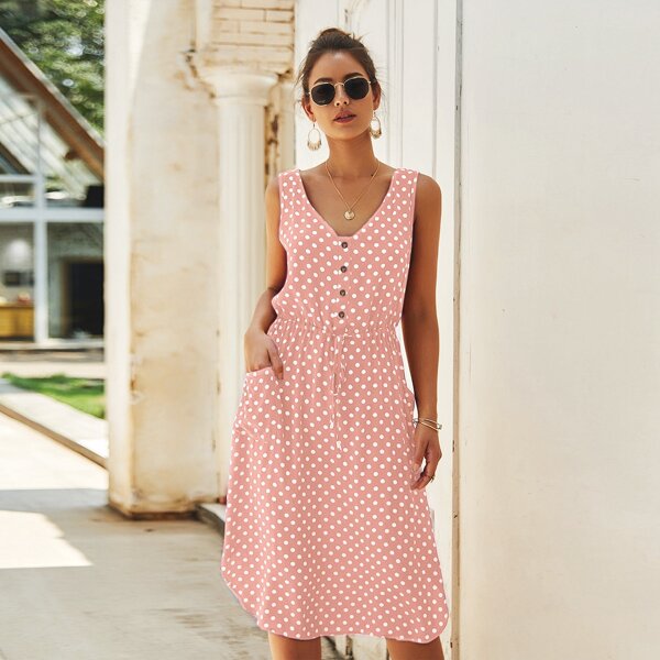 

Polka Dot Drawstring Waist Dress, Dusty pink