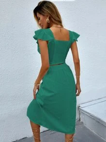 SHEIN Unity Two-piece Outfits Ruffle Plain Boho - Dark Green - View 2