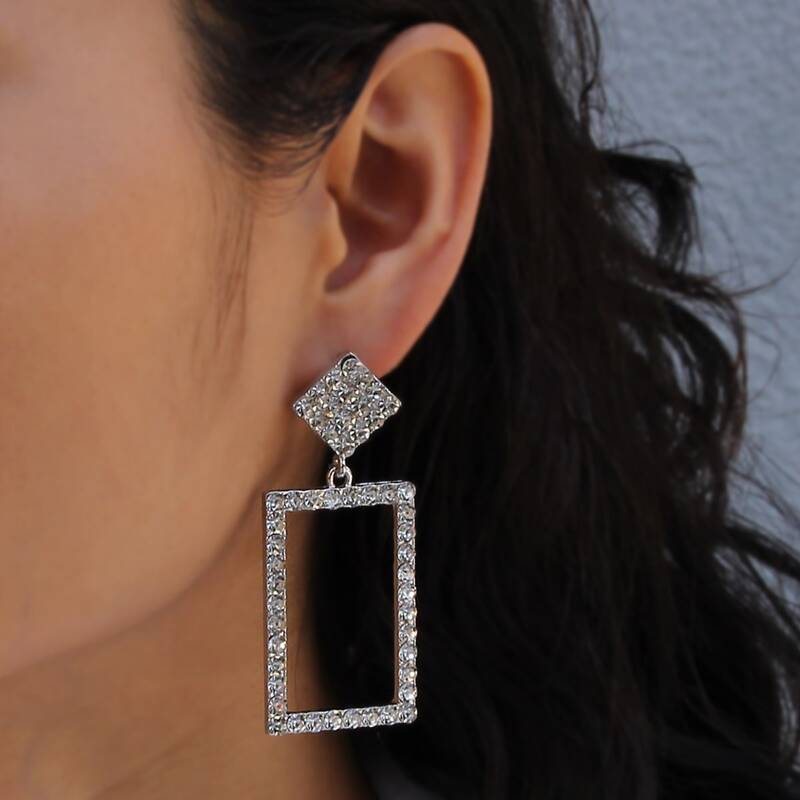 

Geo Rhinestone Drop Earrings, Silver