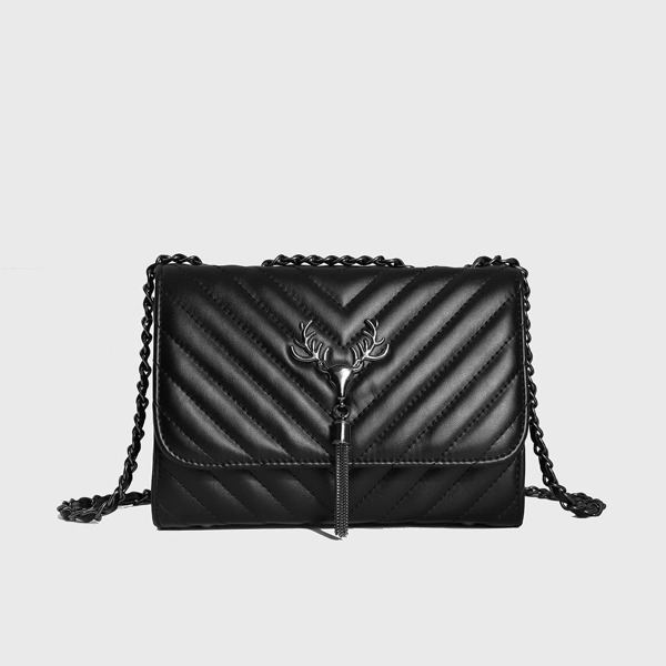 

Metal Tassel Decor Chevron Shoulder Bag, Black