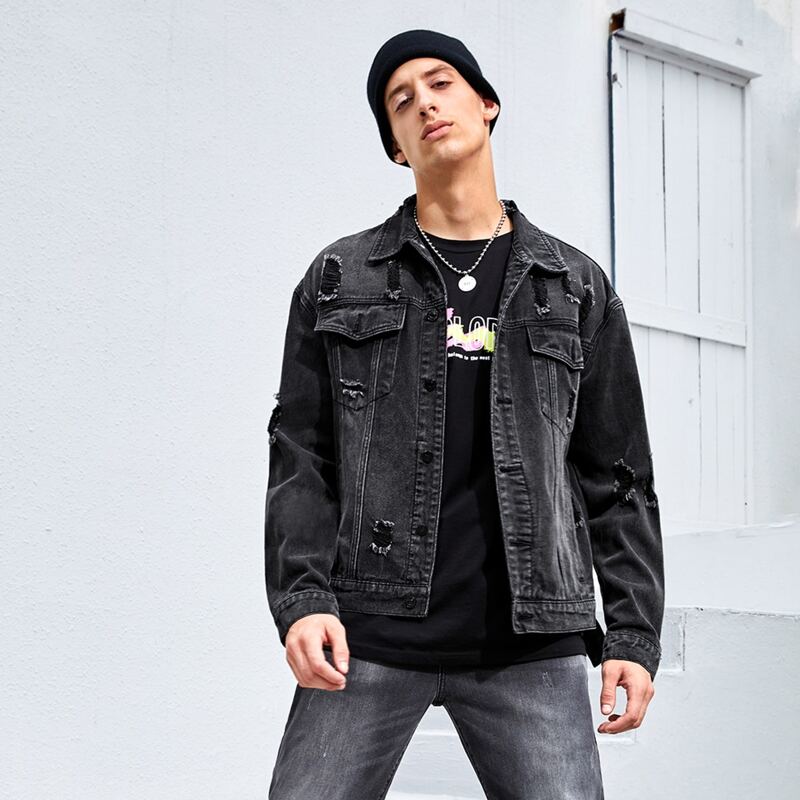 

Guys Ripped Denim Trucker Jacket, Black