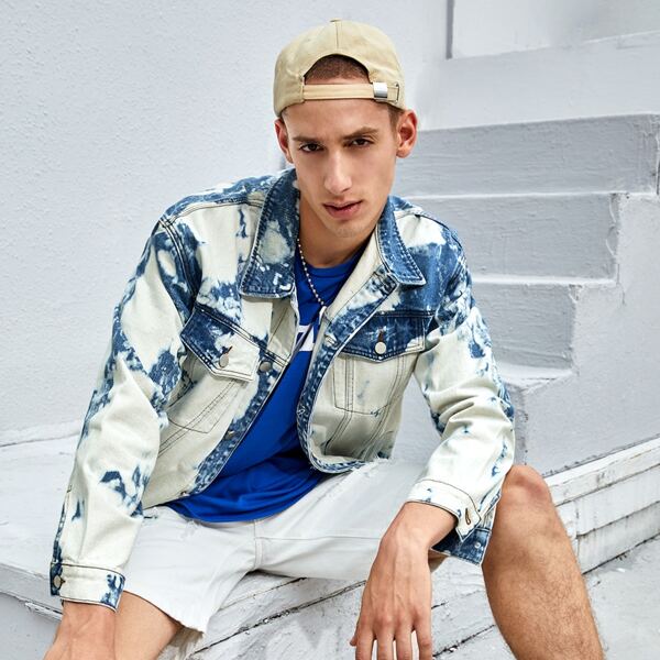

Men Acid Wash Pocket Front Denim Jacket, Multicolor
