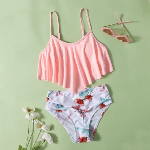 

Girls Floral Print Hanky Hem Bikini Swimsuit, Multicolor