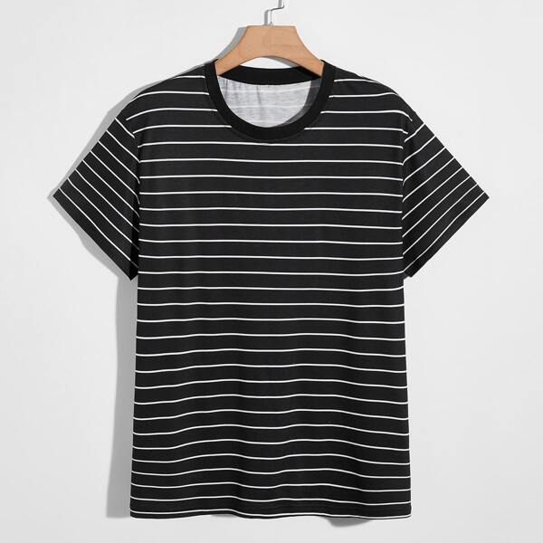 

Men Striped Print Short Sleeve Tee, Black