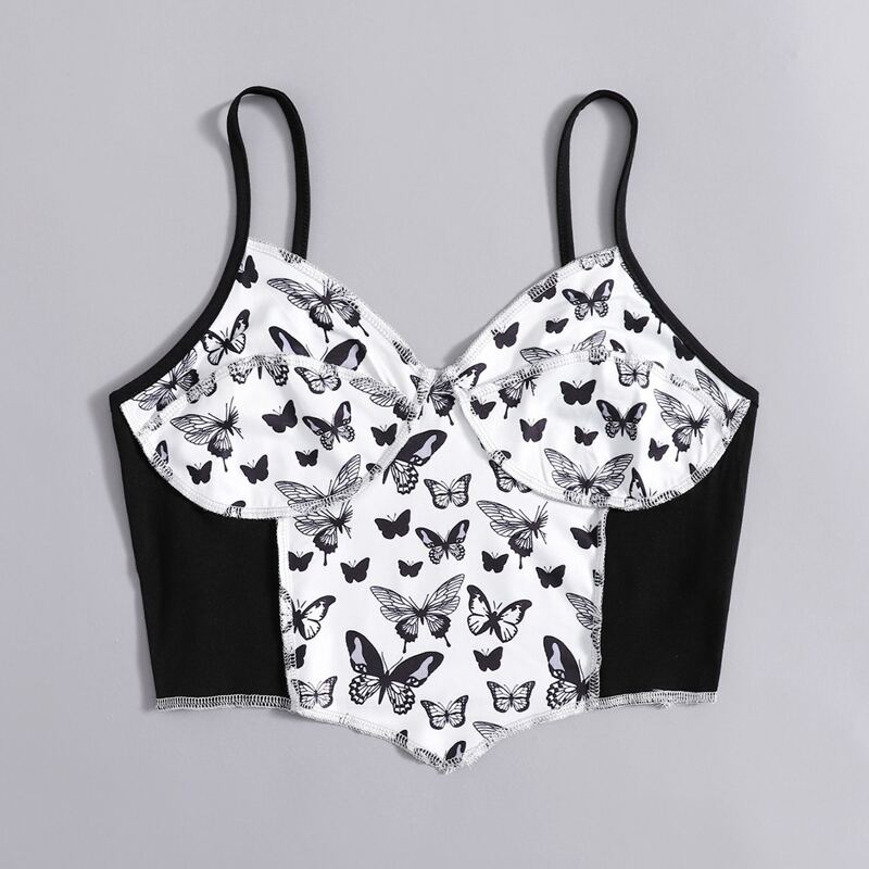 

Stitching Trim Butterfly Graphic Crop Cami, Black and white