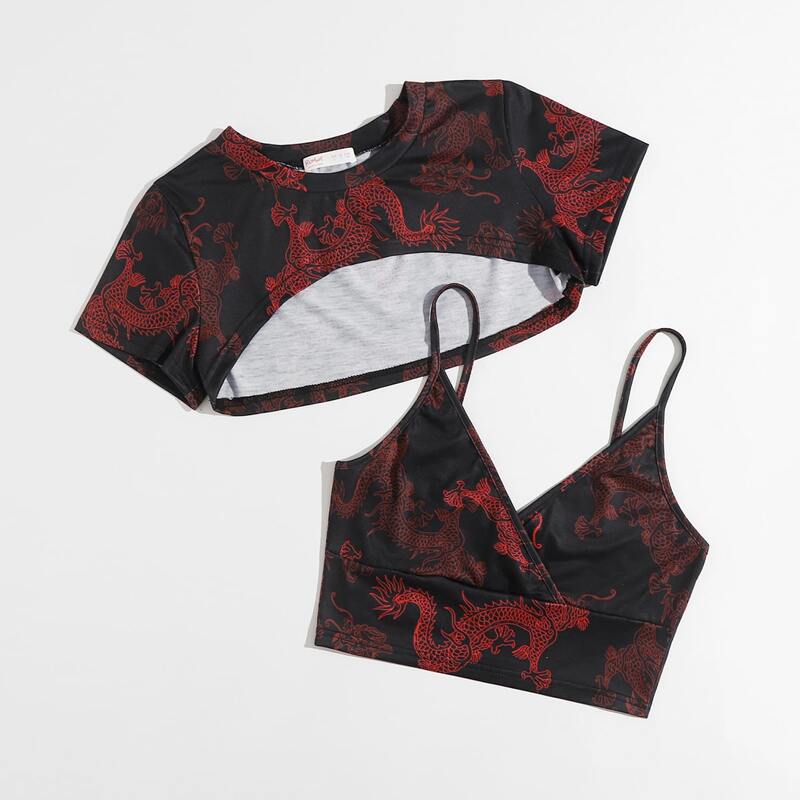 

Chinese Dragon Graphic Super Crop Tee & Cami, Multicolor