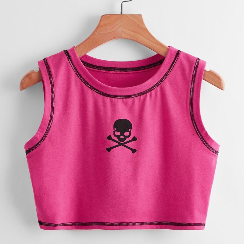 

Stitching Trim Skull Graphic Tank Top, Hot pink