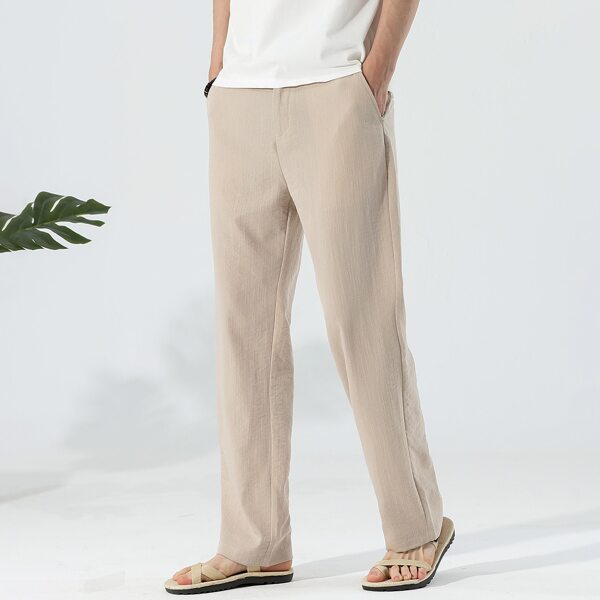 

Men Solid Straight Leg Button Fly Pants, Khaki