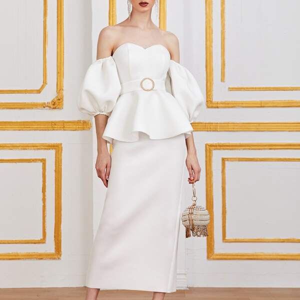 

Off Shoulder Bishop Sleeve Buckle Belted Top & Skirt Set, White