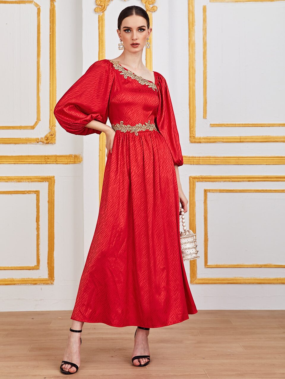 Asymmetrical Neck Bishop Sleeve Applique Detail Dress