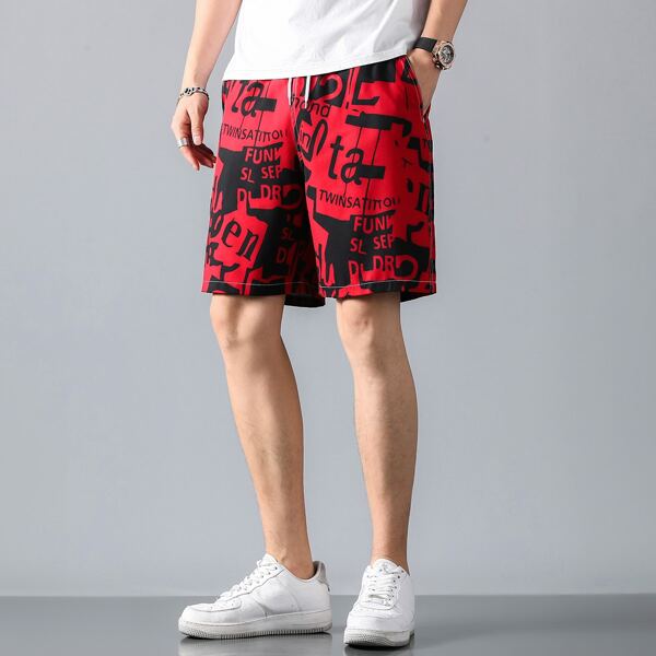 

Men Eyelet Tie Waist Letter & Graphic Print Shorts, Multicolor