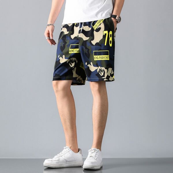 

Men Eyelet Tie Waist Letter & Camo Graphic Shorts, Multicolor