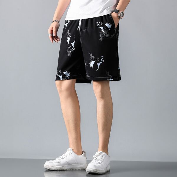 

Men Animal Print Drawstring Waist Shorts, Black