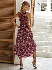 Allover Floral Print Halter Dress - Burgundy - View 2