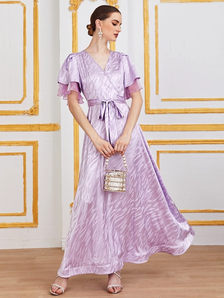 Butterfly Sleeve Self Belted Jacquard Dress