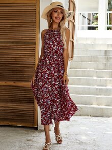 Allover Floral Print Halter Dress - Burgundy - View 3